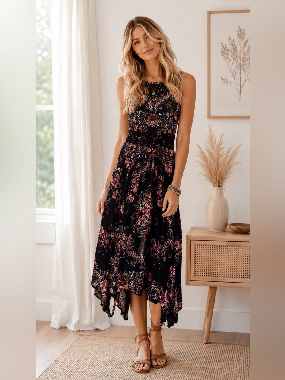 Billabong Black Floral Handkerchief Hem Midi Dress Boho Aesthetic